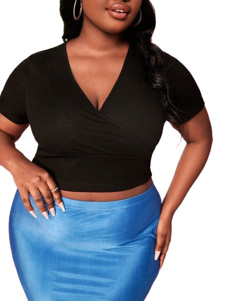 

plus surplice neck crop tee x3iy#, Black