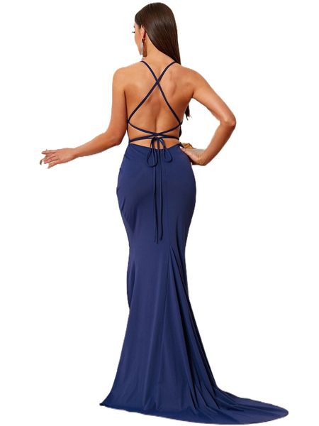 

missord lace-up backless slit thigh mermaid hem formal dress p0iv#, Black;gray