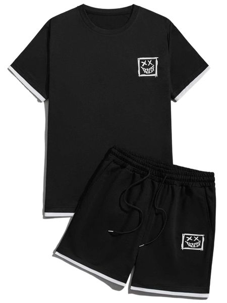 

romwe guys cartoon graphic contrast binding tee & shorts r4lm#, Gray
