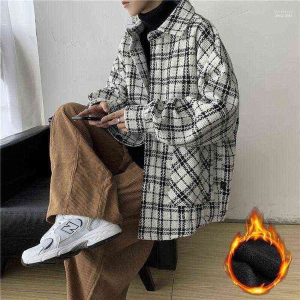 

men's wool & blends 2022 winter plaid printing heavy woolen snow jacket long sleeve parkas loose trench coats thickened outerwear viol2, Black