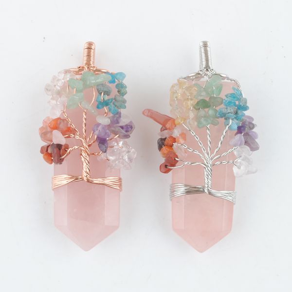 

natural stone pendant rose quartz good quality 7 chakras tree of life jewelry women men rose gold silver wire wrap sword dbn491
