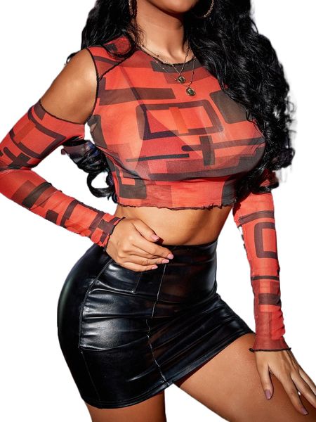 

sxy geo print cold shoulder mesh without bra 27dh#, White