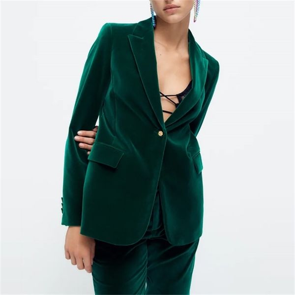 Traf verde blazer mulheres manga longa veludo blazer mulher escritório casual botão jaqueta moda solto outono terno feminino 220402