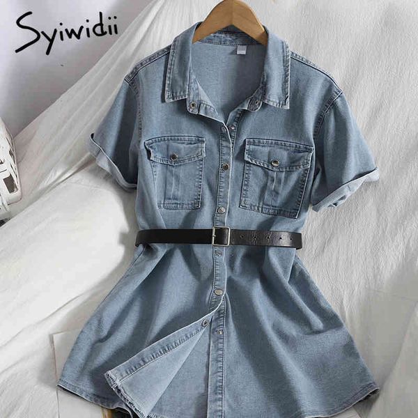 

high waist denim dresses women pockets short sleeve single breasted turndown collar aline clothing summer korean 210415, Black;gray