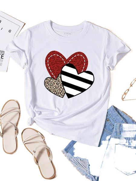 

heart print round neck tee x08r#, White