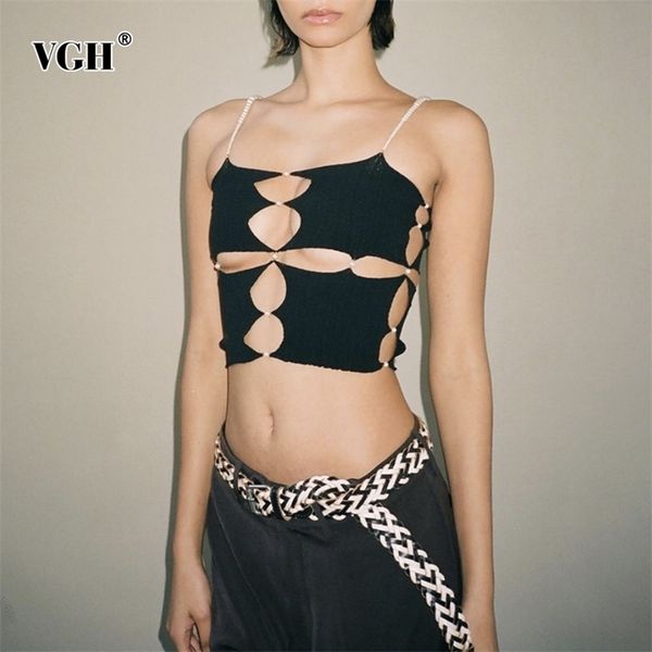 

vgh knitting black vests for women square collar patchwork pearl irregular hollow out slim camis female summer fashion 220316, White
