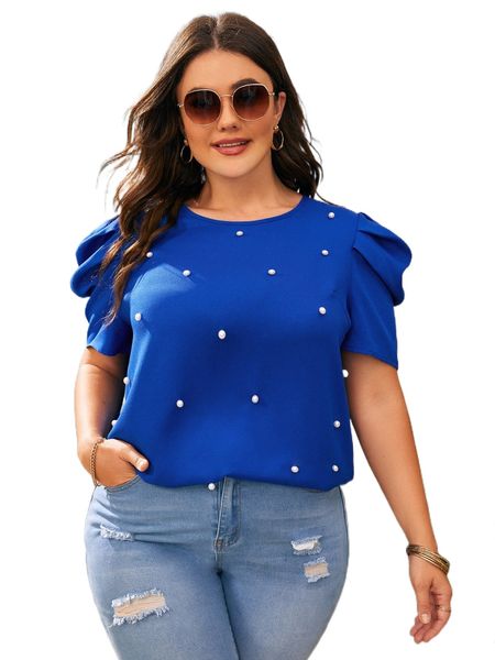 

plus pearls beaded puff sleeve blouse m5zx#, Black