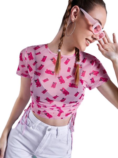 

x domcake cartoon graphic drawstring ruched sheer o8rf#, White