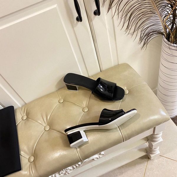 

luxury designer original quality patent calfskin high heel sandals with box slippers fashion single light colors summer slipper large size u, Black