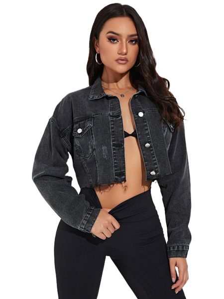 

cat scratch frayed hem drop shoulder crop denim jacket n2ey#, Black;brown