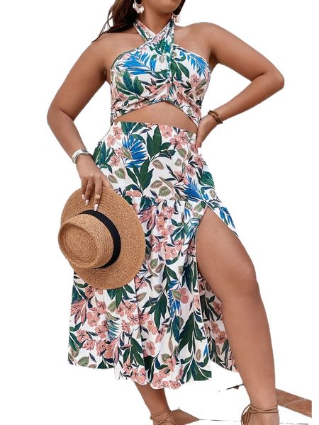 

plus tropical print wrap cross halter & skirt x0np#, Black