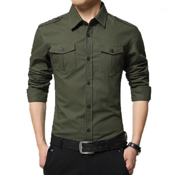 Abbigliamento da uomo 2022 Camicia militare in puro cotone Spalline casual a maniche lunghe con doppie tasche Camicie in tinta unita