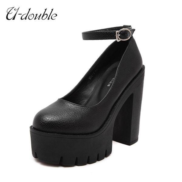 

u-double brand spring autumn casual high-heeled shoes women thick heels platform pumps black white big size 42 220428