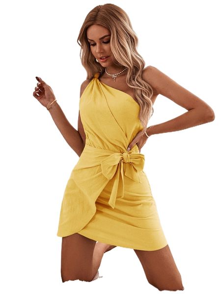 

one shoulder wrap knot side dress f7fe#, Black;gray