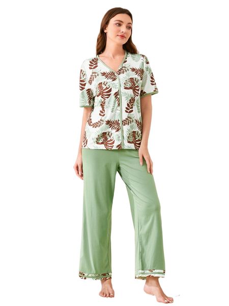

tropical print & pants pj set l8yu#, Black;red