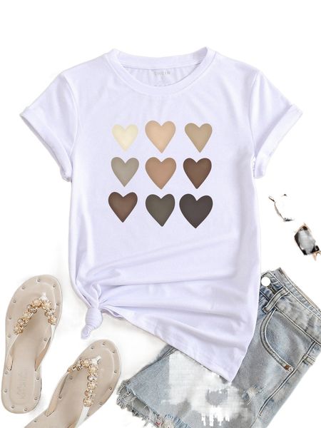 

heart print round neck tee v3ke#, White