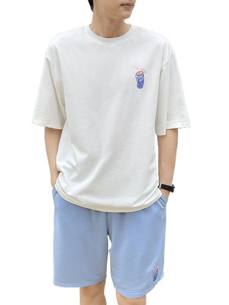 

men beverage print drop shoulder tee & drawstring waist shorts g8vk#, Gray