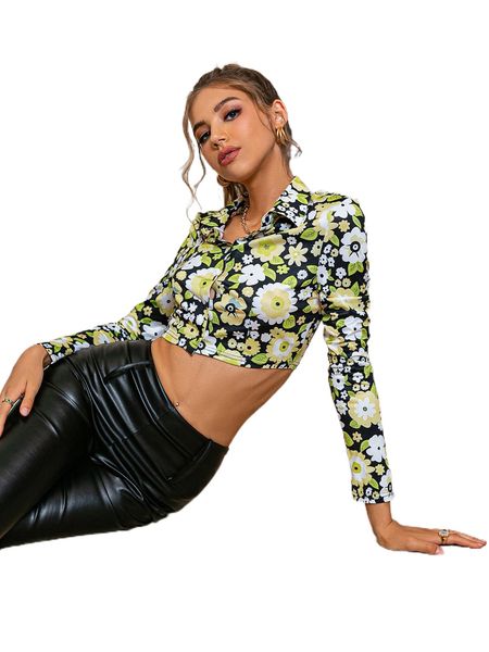 

simplee floral print button up crop 35ew#, White