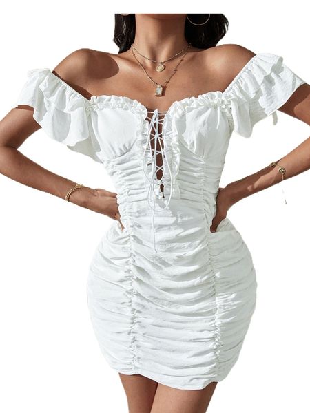 

frill trim lace up front ruched bodycon dress c3i9#, Black;gray