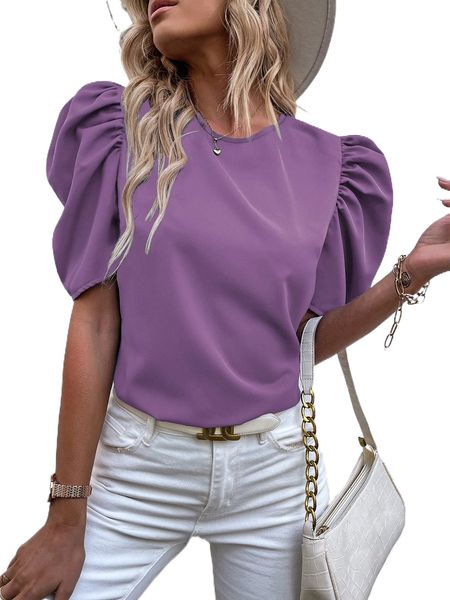 

puff sleeve solid blouse 18ml#, White