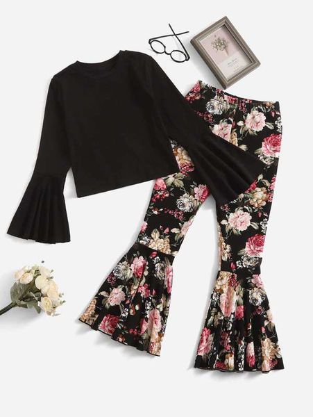 

girls flounce sleeve & floral print flare leg pants she, White