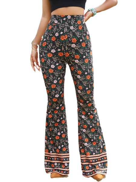 

floral print flare leg pants without belt n2fu#, Black;white