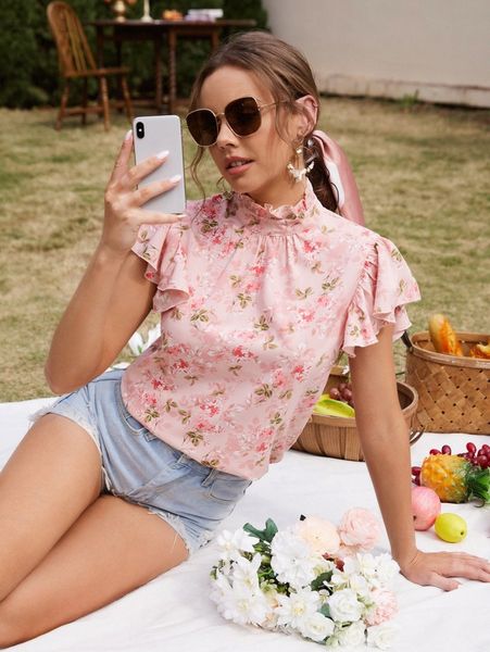 

keyhole back floral print butterfly sleeve c3pn#, White