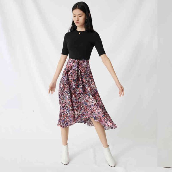 

french elegant maje spring and summer women's slim fit t-shirt floral patchwork dress, Black;gray