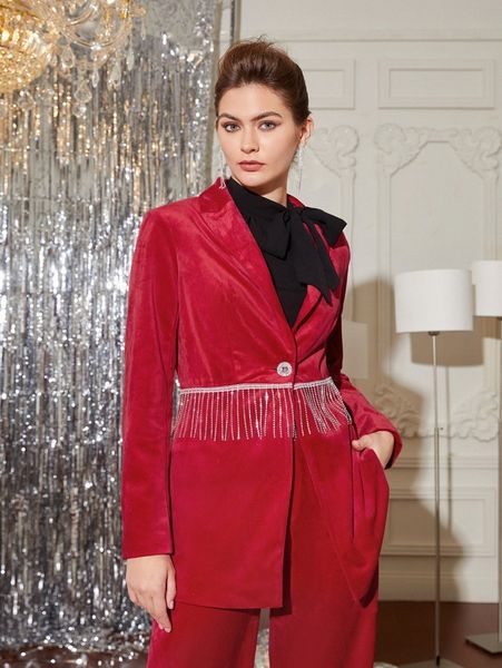

x sakerly designs fringe trim velvet blazer 32ux#, White