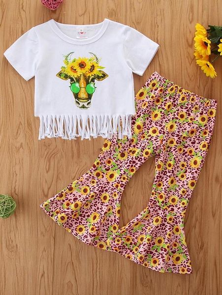 

toddler girls fringe hem tee & sunflower flare leg pants she, White