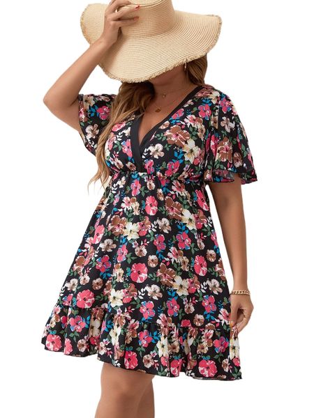 

plus allover floral print butterfly sleeve ruffle hem dress 63cj#, Black