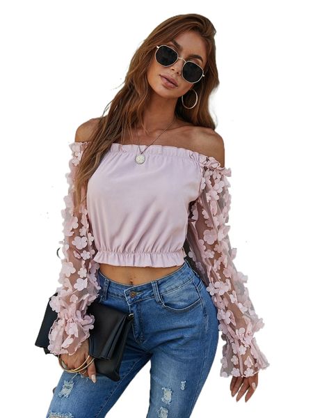 

off the shoulder ruffle trim floral applique sleeve blouse c48d#, White
