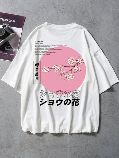 

men japanese letter and floral print tee a1cl#, White;black