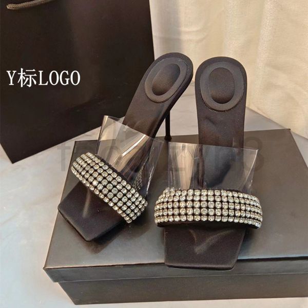 

slippers designer 2022 new front drill with thin high-heeled sandals transparent flat band for women b0k2, Black