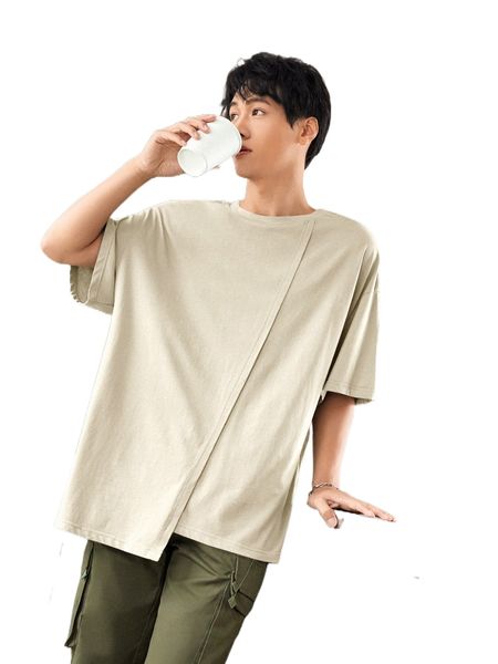 

men drop shoulder wrap asymmetrical hem tee 46hz#, White;black
