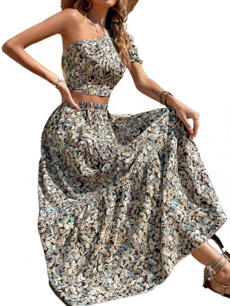 

leaf print one shoulder puff sleeve & ruffle hem skirt w1ag#, White