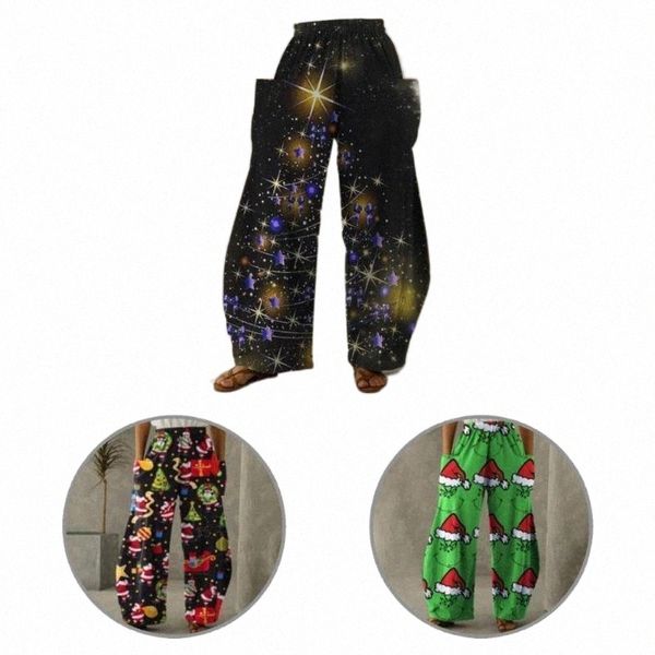 

women's pants & capris loose simple chic wide leg christmas tree snowflake print women casual trousers h2bn#, Black;white