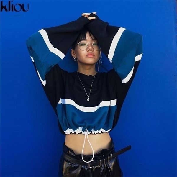 

kliou full sleeve blue white striped patchwork drawstring sweatshirts autumn winter women casual short oneck crop y200610, Black