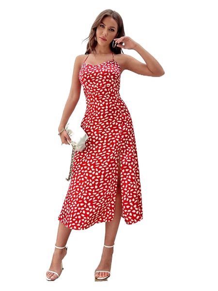 

allover print split thigh halter dress i5ei#, Black;gray