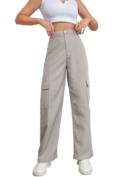 

striped flap pocket cargo pants 27hu#, Black;white