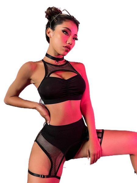 

3pack contrast fishnet cut out ruched lingerie set t5cj#, Black;red