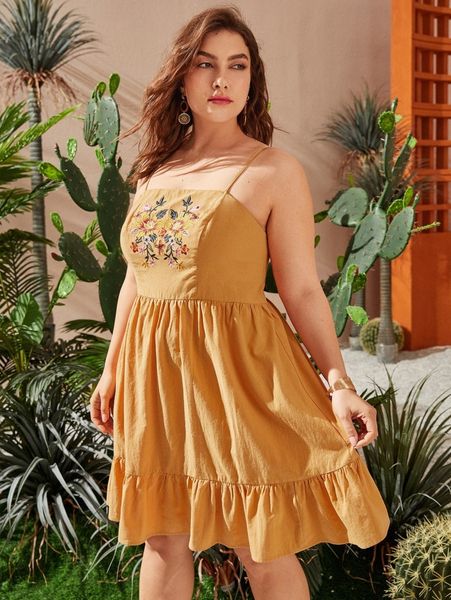 

plus floral embroidery cami dress v5z3#, Black