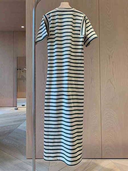 

casual dresses round neck color matching dress niche spring summer fashion temperament short sleeve striped long skirt girls' ins, Black;gray