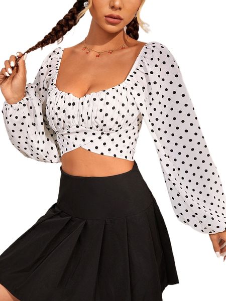 

polka dot print tie back lantern sleeve crop blouse r5dt#, White