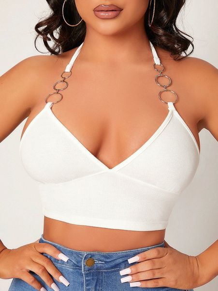 

sxy o-ring strap tied backless halter 9492#, White