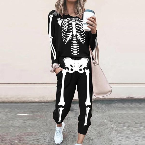 Pantaloni a due pezzi da donna Moda Tuta con stampa scheletro Manica lunga Pullover con scollo a V Pullover con coulisse Casual Allentato Sport