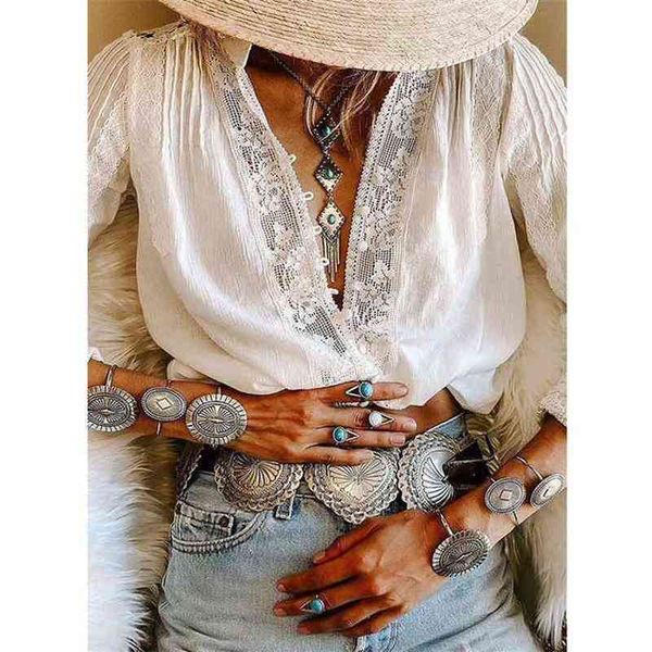 GypsyLady Weiße Bluse mit Spitzeneinsatz, schicke Boho-Bluse, lockere Langarmbluse mit V-Ausschnitt, elegantes Hemd für Damen, Tunika-Oberteil, Blusas 210401