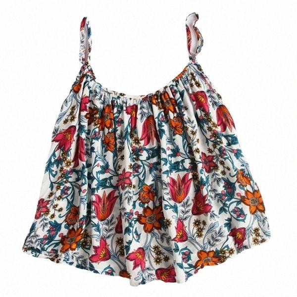 

women's tanks & camis women summer fashion flower printing adjustable boatneck female cotton loose floral crop casual bohemia camisole, White