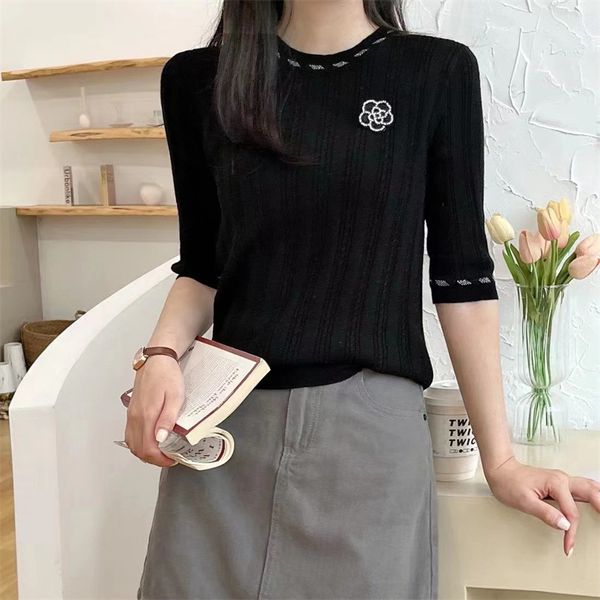 

71 2022 runway summer brand same style sweater white black t shirt crew neck short sleeve beads women's sweaters ming