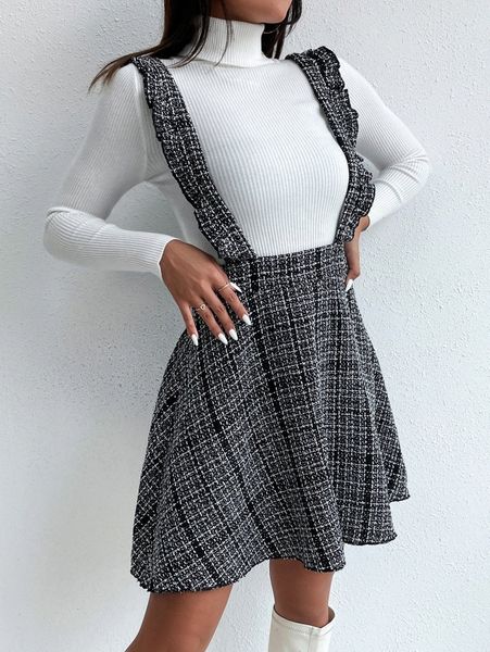 

plaid frill trim tweed overall dress without d0hs#, Black;gray